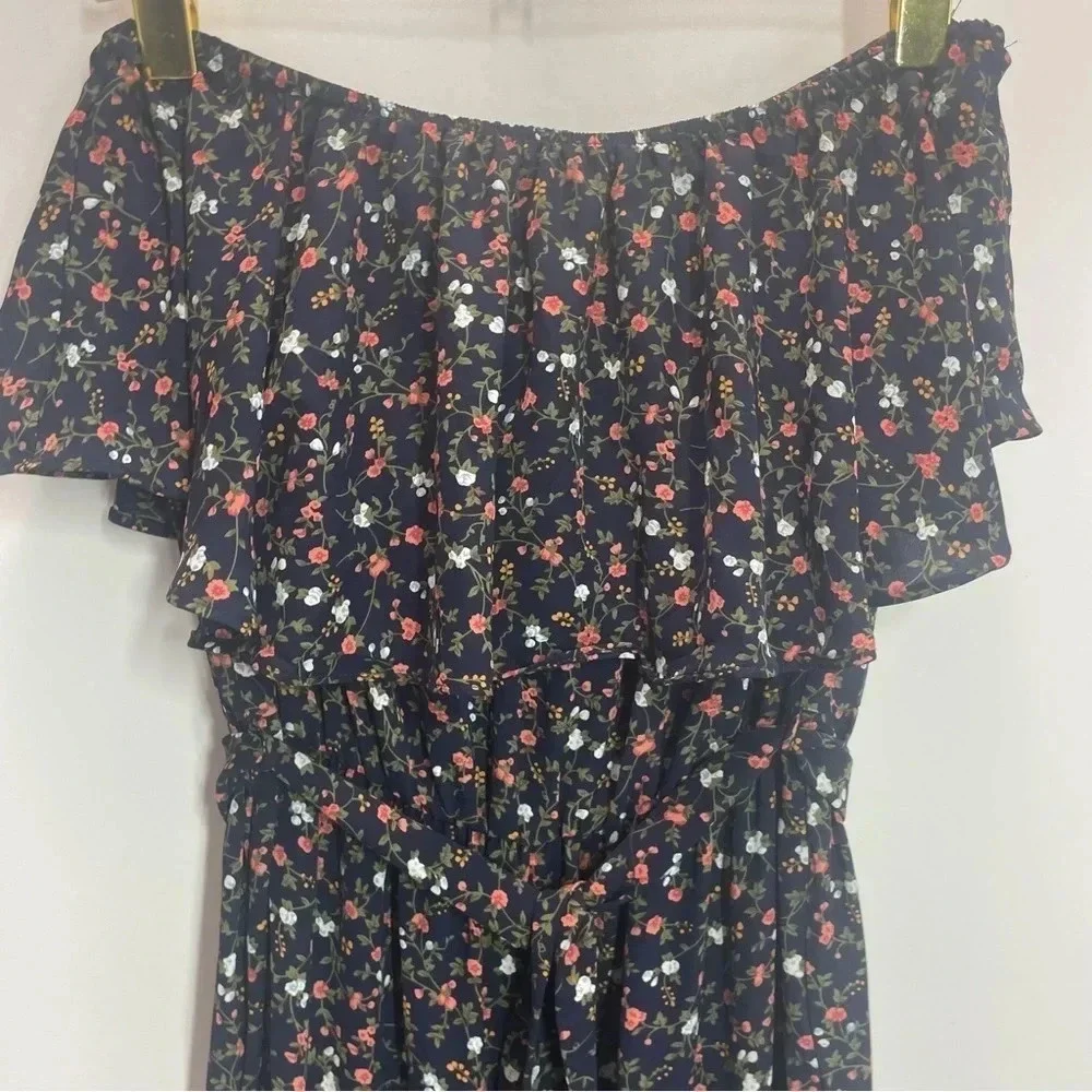 Umgee Be Playful Navy Ditsy Floral Off Shoulder Ruffle Wide Leg Navy Jumpersuit
